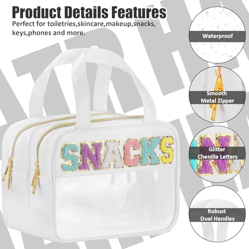 BuyCard Chenille Letter Clear Makeup Bags for Travel, Preppy Patch Nylon Cosmetic Pouch with Handles and Zipper, Waterproof Large Clear Toiletry Purse Storage for Women, White - color: White-Snacks
