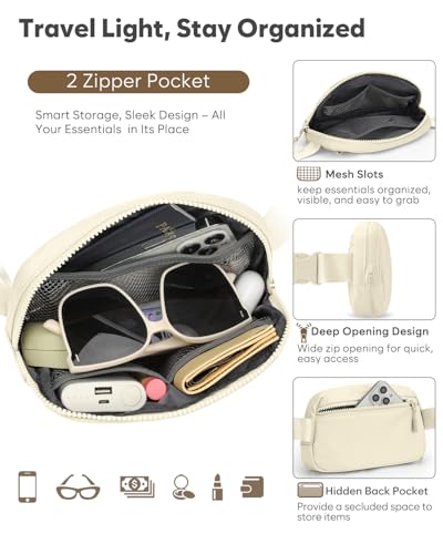 Pritent Fanny Packs for Women Cross Body Bag Waterproof Belt Bag with Adjustable Strap and Zipper Back Pocket Small Crossbody Bags Fashion Waist Packs for Workout Travelling(Ivory) - color: Ivory, size: Small