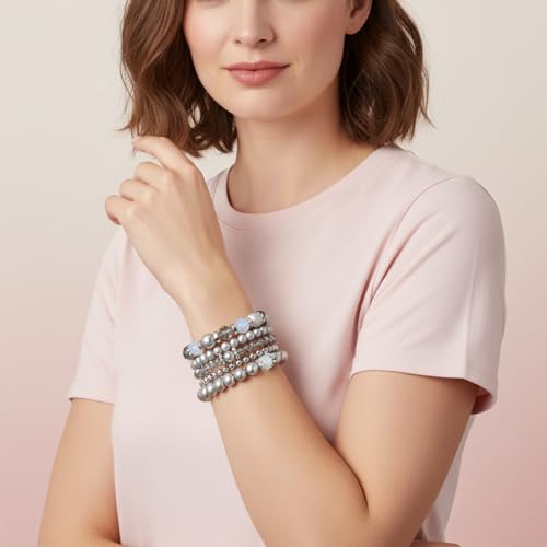 5PCS Beaded Stretch Bracelet Stackable Stylish Beaded Bracelets for Women Crystal Bead Boho Stretch Layering Stone Bracelets Trendy Costume Jewelry Gift Multilayered Disco Ball Faceted Bracelet - color: Gray, Silver