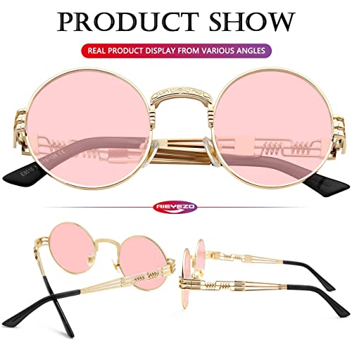 AIEYEZO Round Steampunk Sunglasses for Men Women Retro Circle Hippie Glasses Metal Frame 100% UV Blocking Lens - color: Gold/Clear Pink