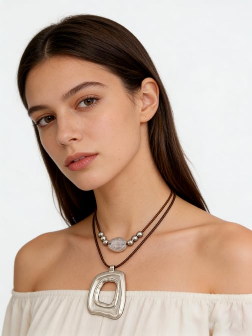 Boho Necklaces for Women Chunky Circle Necklace Layered Boho Circle Leather Choker Necklace Long Vintage Necklaces Bohemian Jewlery Gifts - style: Bohemian Multilayer Necklace
