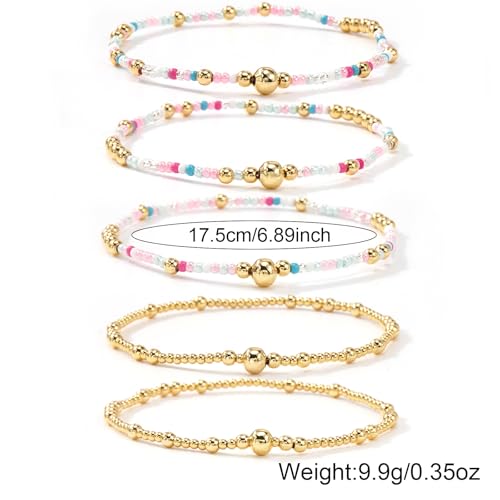 14K Gold Plated Beaded Bracelets Stack Set for Women,Stretch Boho Colorful Beads Ball Jewelry Friendship Summer Trendy - color: Pink ball