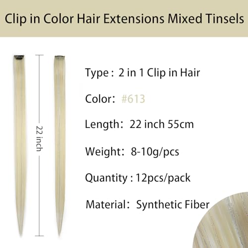 12pcs Clip in Blonde Hair Extensions, 22 Inch Colored Hair Extensions with Rainbow Tinsels, Holiday Party Highlights - color: Blonde