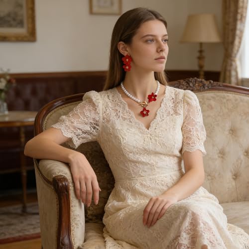 WCRAZYE Gold Flower Earrings Necklace Set for Women Boho Summer Daisy Floral Statement Earrings Brides Wedding Guest Dresses Jewelry - color: Red B