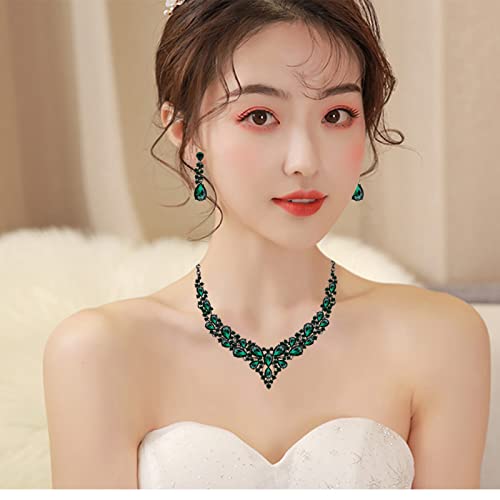 CSY 4 Pcs/Set Austrian Crystal Necklace Earrings Bracelet Ring Bridal Jewelry Sets for Brides Wedding Party Costume Accessories Gifts for Women - color: emerald--black tone