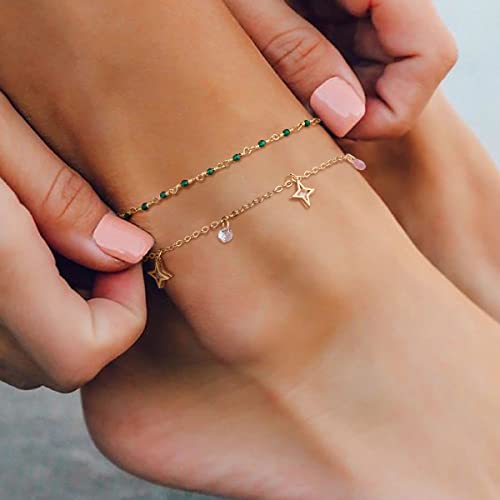 MTMY Gold Anklets for Women 14K Gold Plated Tiny Bead Anklet Colorful Tassel Foot Chain Dainty Adjustable Cute Summer Beach Boho Anklets Jewelry Gift - style: cz star tassel