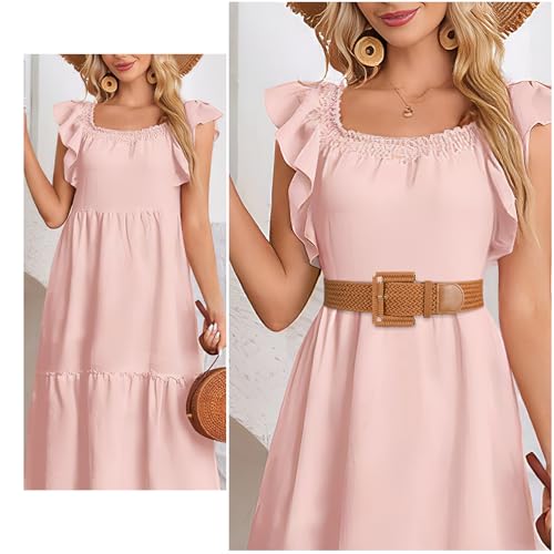 JASGOOD Women Wide Woven Belt for Dresses Rattan Waist Belt Braided Boho Belt with Square Buckle - color: Brown, size: Fit Waist Size 28-32inch