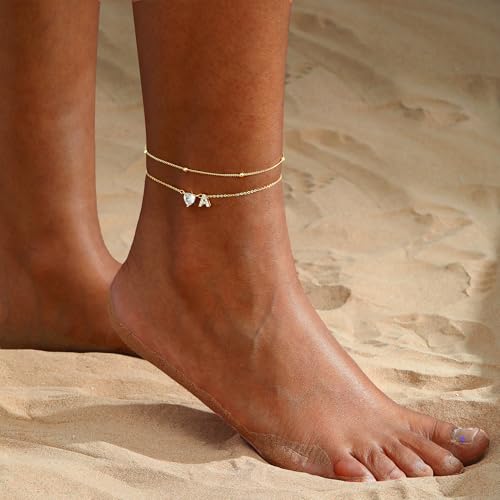 CAROVO Gold Ankle Bracelets for Women Waterproof 14K Real Gold Plated CZ Initial Anklet for Women Dainty Layered Letter A-Z Heart Ankle Bracelets Handmade Adjustable Anklet Summer Beach Jewelry - style: Q