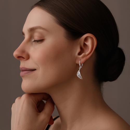 LeCalla 925 Sterling Silver Drop Earrings | Lever-Back Drop Earrings | Hypoallergenic Silver Teardrop Leverback Dangle Earring for Women Jewelry Gifts - color: Boho Leaf Drop-38MM