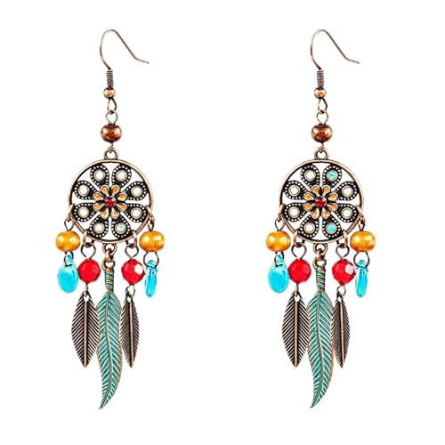 Boho Turquoise Drop Earrings Retro Long Copper Feather Tasse Metal Leaf Dangle Earrings Vintage Country Western Jewelry Cowgirl Ethnic Style Geometric Concert Festival Accessories for Women - color: Red Yellow