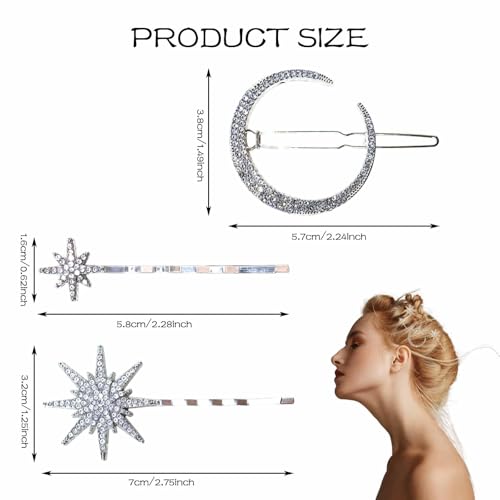 3 Pack Moon Star Hair Clips Gold Celestial Crystal Hairpins Hair Accessories for Women Bridal Wedding Party Festival Boho Style Hair Jewelry