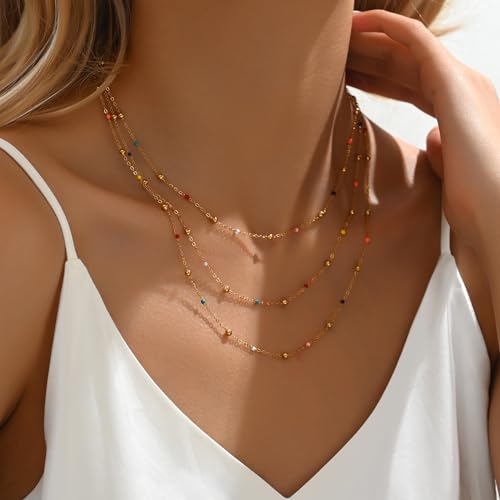 NONAMOIS Gold Chain Necklace for Women Dainty 18K Gold Plated Thin Satellite Beaded Turquoise Necklace Simple Layered Boho Jewelry Christmas Gifts - color: 3Layered Colorful Beads-Gold