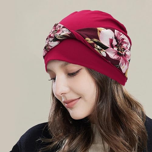 Women Knot Slouchy Beanie Chemo Hat Twist Stretch Cancer Head Wraps Sleep Head Scarf - color: Wine Red Flowers