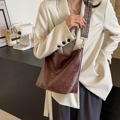 Hobo Bags for Women Crossbody Bag Guitar Strap Purse Vegan Leather Shoulder Handbags Boho Purses Tote Bucket Bag - color: Coffee