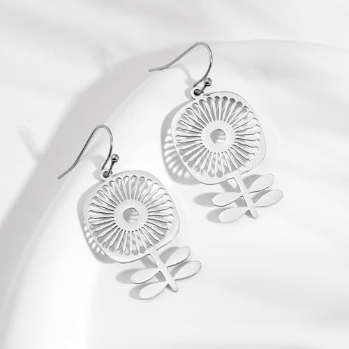 Boho Teardrop Earrings, Handmade Copper Bohemian Earrings, Dangle Antique Ethnic Jewelry for Women - color: Silver Sunflower