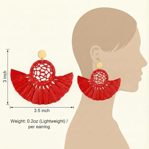 Boho Raffia Summer Beach Earrings for Women, Large Statement Dangle Drop, Lightweight Handmade Woven Fan Tassel Jewelry - color: Red