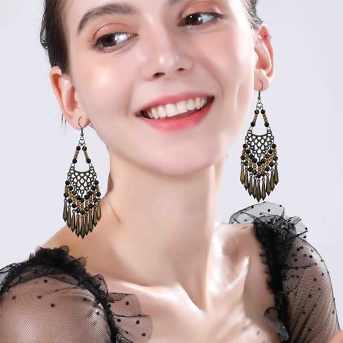 Handmade Vintage Bronze Bohemian Long Tassel Colorful Bead Dangle Drop Earrings Big Tribal Chandelier Geometry Hook Earrings for Women Statement Jewelry Gifts - color: Black