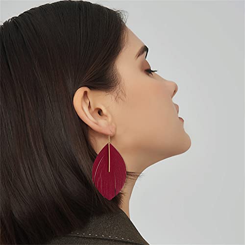 Minimalist Handmade Lightweight Large Soft Faux Leather Fringe Feather Dangle Drop Earrings Bohemian Huge Leaf Hook Earrings with Bar for Women - color: Rose red
