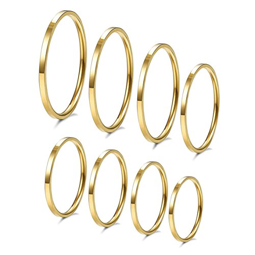 8pcs 1MM Thin Stainless Steel Knuckle Midi Stacking Rings for Women Plain Band Comfort Fit - color: Flat - Gold 8pcs(size 3 to 10)