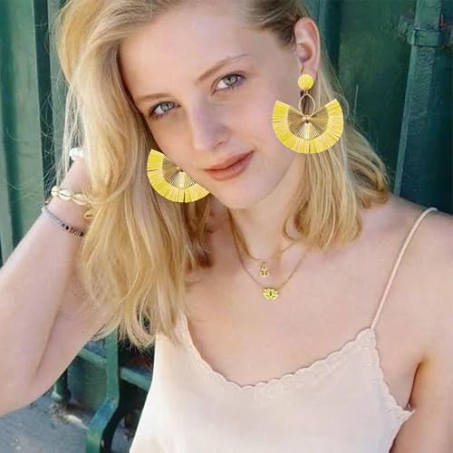 Anmpab Straw Fan Bohemian Tassel Earrings for Women Trendy Colorful Fringe Summer Beach Statement Earrings - color: Yellow