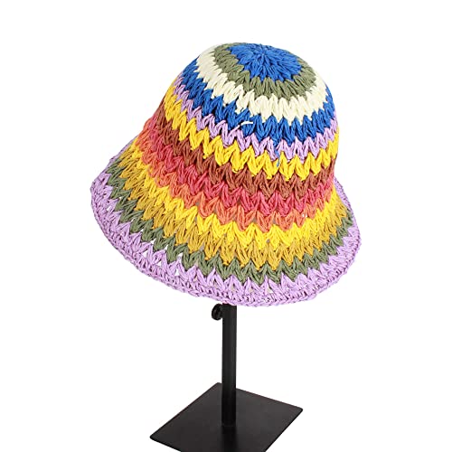 Women Straw Sun Hat Floral Woven Crochet Bucket Hat Y2k Aesthetic Accessories Beach Hat Hand Woven Boho Foldable Cap - color: Striped B