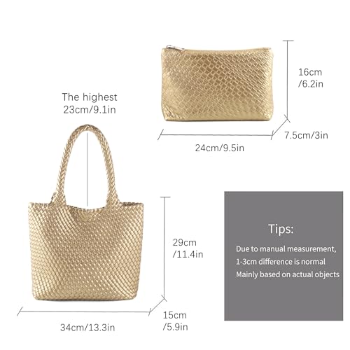 Hand Woven Bag Tote BagS For Women Top Handle Shoulder Vegan Leather Large Travel Beach Hobo Handbag - color: Gold