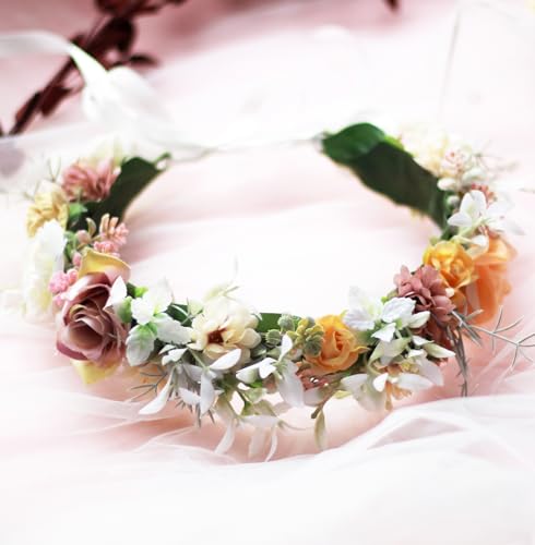 Vivivalue Fairy Flower Crown Woodland Headband Elf Floral Headpiece for Women Forest Even Circlet Halloween Renaissance Wedding Bridal Cosplay Prom Photo Props Beige - color: 7