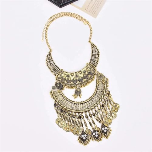 Vintage Gold Gypsy Bib Necklace, Multi-Layer Moon Pendant with Long Tassel, Afghan Ethnic Choker