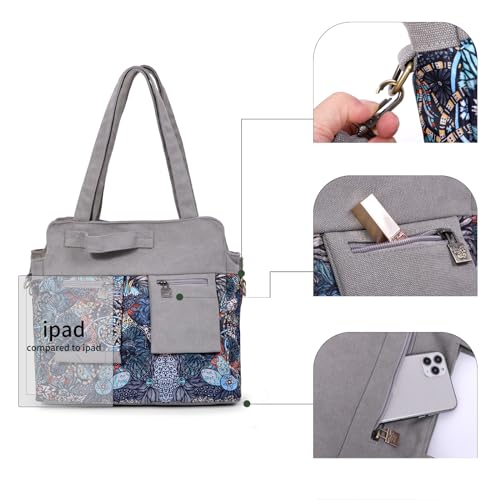 Black Butterfly Boho Canvas Tote Bag for Women, Large Printed 2-in-1 Shoulder & Crossbody Casual Purse for Daily Commute - color: Gray