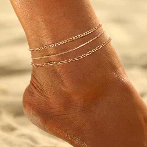 Ritach Ankle Bracelets for Women - Silver/Gold Plated Stainless Steel Anklets for Women Waterproof Layered Cuban Link Figaro Chain Heart Anklets Set Summer Beach Jewelry Gifts - color: Gold- Paperclip & Cuban & Box Chain