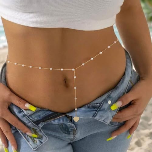 MFRYK 2PCS 14K Gold Plated Waist Chain Layered Pearl Cuban Beaded Satellite Figaro Belly Body Chain Boho Beach Waist Chains For Women Adjustable Waterproof Sexy Bikini Body Chain Jewelry For Women - style: Pearl Heart-Gold