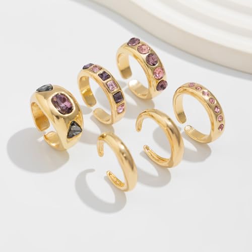 Chunky Gold Rings for Women Non Tarnish Silver Chunky Rings Set Adjustable Thick Statement Ring Gold Stackable Ring for Women Trendy Fashion Silver Jewelry - style: Style8-Purple Gemstone 6Pcs