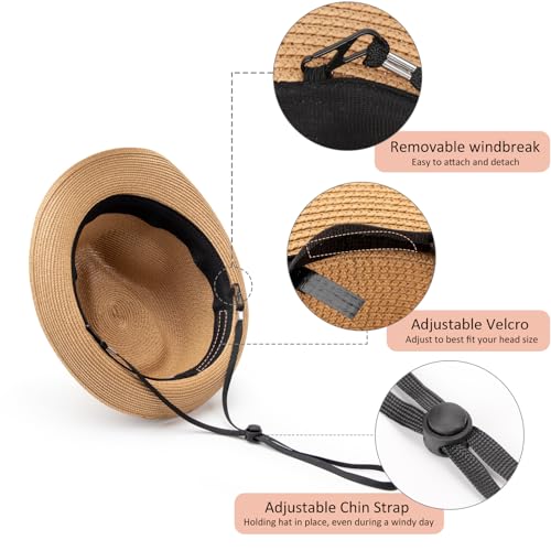 DRESHOW Women Straw Sun Hat Short Brim Panama Travel Fedora Summer Hat Roll Up Beach Cap for Women UPF 50+ - color: 1 Pc Straw Hat: Khaki (Brown Ribbon)