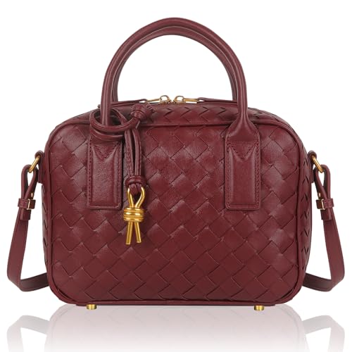 Women's Handmade Woven Top-handle Bag Fashion Leather Shoulder Handbag Crossbody Purse Woven Purse for Women - color: Burgundy
