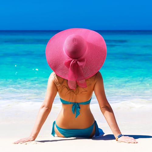 DRESHOW Beach Hats for Women Big Straw Wide Brim Summer Hat Floppy Foldable Roll up Cap Sun Hat UPF 50+ - color: Deep Pink / 5.5" Brim, 1 Pack