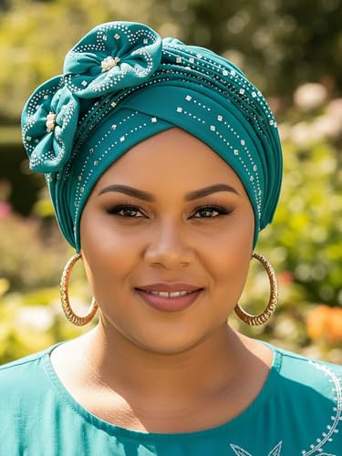 Woeoe Beanie Cap Head Wrap Black Rhinestones Head Scarf Flower Pearls Twisted Head Turban for Women Girls - color: Teal Color