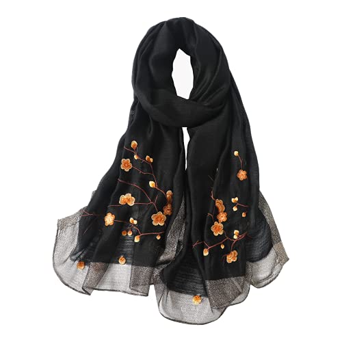 WINCESS YU Women Mulberry Silk Scarf Long & Large Embroidered Floral Pattern Shawl and Wraps Neckerchief for Hair & Neck - color: Black
