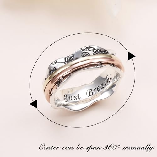 Ladytree Spinner Fidget Ring Sterling Silver Thumb Band for Women Anxiety Ring Platinum Plated Worry Stress Relief Just Breathe Boredom ADHD Autism Rings Boho Jewelry Gift - color: N-two tone lotus just breathe