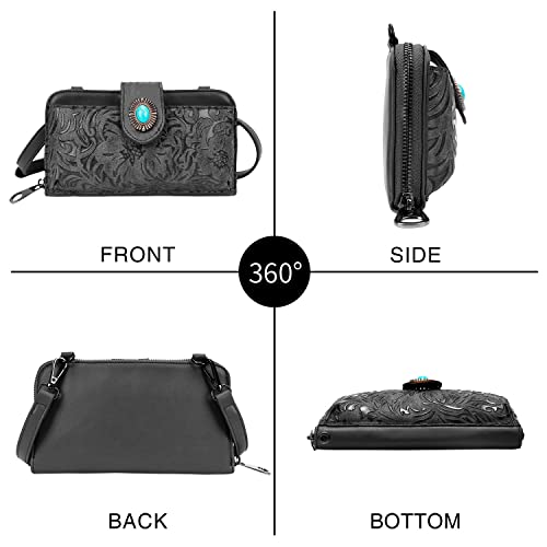 LAVAWA Women's Crossbody Handbag Small Vintage, Ladies Wallet Western Adjustable Phone Purse Clutch Turquoise Concho Embossed - color: Black