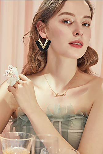 Tassel Hoop Earring Statement Thread Dangle Earrings Stylish Long Fringe Drop Earrings Lightweight Long Swingy French Hook Earrings for Women - color: A Black