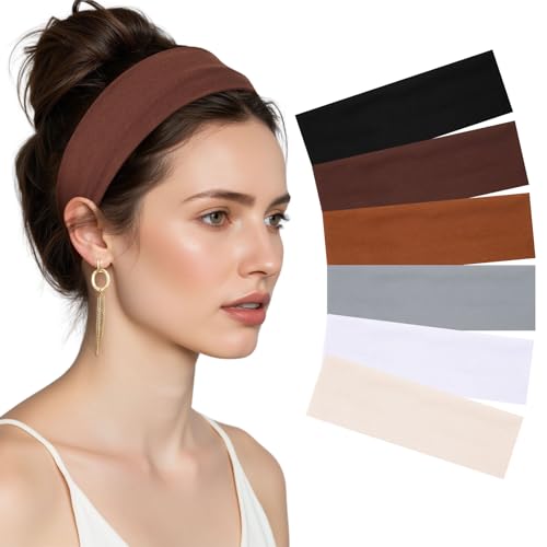 AWAYTR 6Pcs Wide Headbands for Women Non Slip Soft Elastic Hair Bands for Women's Hair for Workout Sports - color: Solid color