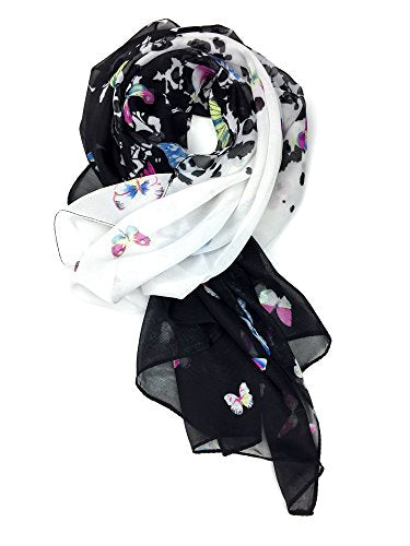 YOUR SMILE Ladies/Women's Lightweight Floral Print/Solid Color mixture Shawl Scarf For Spring Summer season - color: Black/White Butterfly
