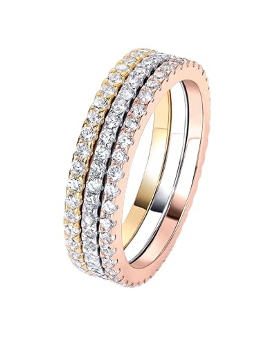 PAVOI Gold Plated Solid 925 Sterling Silver CZ Simulated Diamond Stackable Ring Eternity Bands for Women - color: 3-Pack Multicolor