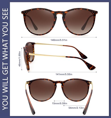 WOWSUN Retro Polarized Sunglasses Womens Trendy Round Classic Glasses - color: (2 Pack) Black Frame Black Lens + Leopard Frame Gradient Brown Lens