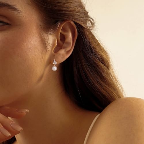Pearl Earrings for Women, Dainty Wedding Bridal Earrings 14k Gold Plated CZ Pearl Drop Earrings for Women Trendy Hypoallergenic Unique Gold Drop Earrings Fashion Prom Jewelry - color: Gold-C