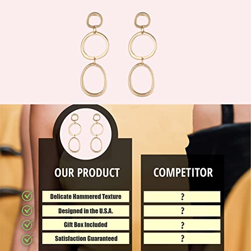 Bohemian Boho Round Circle Hoop Dangle Drop Earrings for Women – Delicate – Hammer Texture – Matte Plated – with Gift Box Included - style: MATTE GOLD - THREE CIRCLE DANGLE