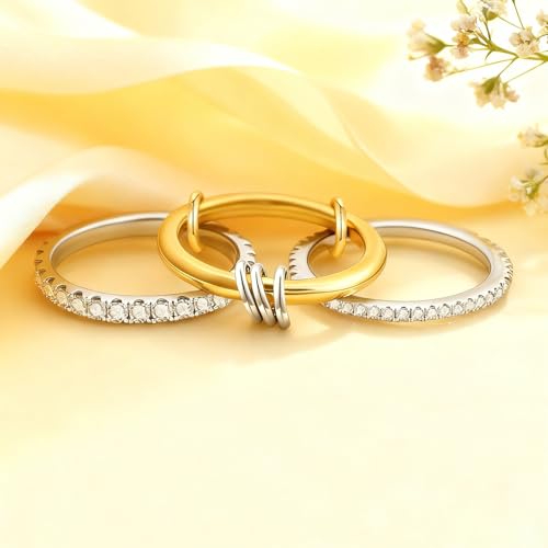 Gold Stackable Rings for Women 18k Gold Plated Rings Non Tarnish Gold Rings Cubic Zirconia Rings Silver Gold Multi Ring Interlocking Stackable Rings Mixed Metals Stack Rings Set Jewelry Gift for Women - color: 2 pcs silver+1 pcs gold, size: 9