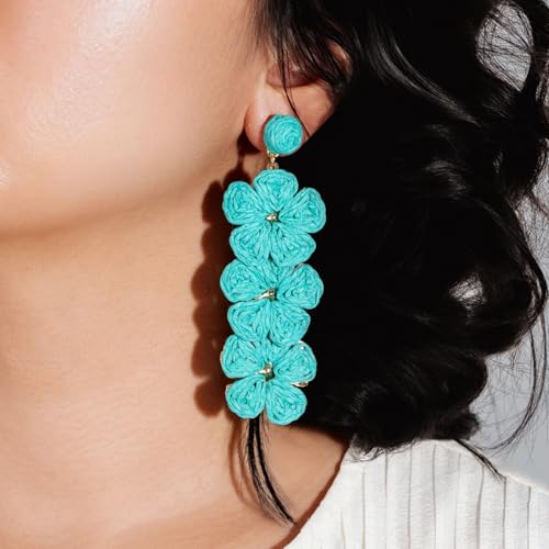 Boho Flower Earrings Statement Raffia Dangle Earrings Cute Floral Jewelry Trendy Summer Beach Vacation Outfits for Women - color: Teal-2