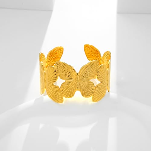 WOWORAMA Chunky Gold Cuff Bracelets for Women Vintage Gold Flower Butterfly Bracelet Trendy Boho Wide Open Cuff Bangles Matte Statement Bracelet - color: Gold-tone Butterfly