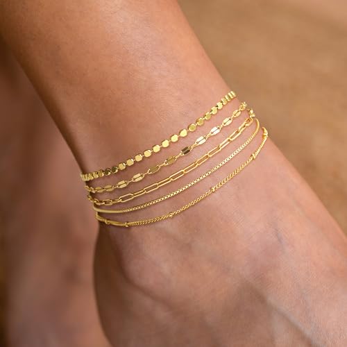 DEARMAY 14K Gold Plated Ankle Bracelets for Women Waterproof - Dainty 6Pcs Anklets Layered Cuban Link Chain Herringbone Cute Anklets Set Pack Summer Beach Jewelry Gift for Women Teen - color: Gold Anklet C
